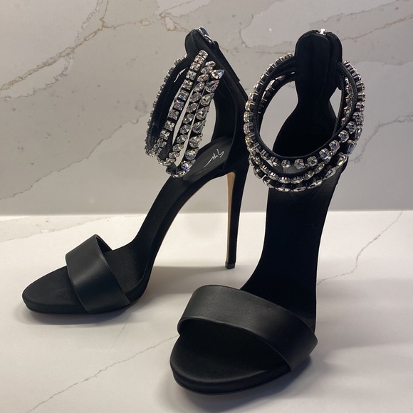 Giuseppe Zanotti Silver Crystal Embellished Heels Black Leather Sandals Shoes - Picture 5 of 15
